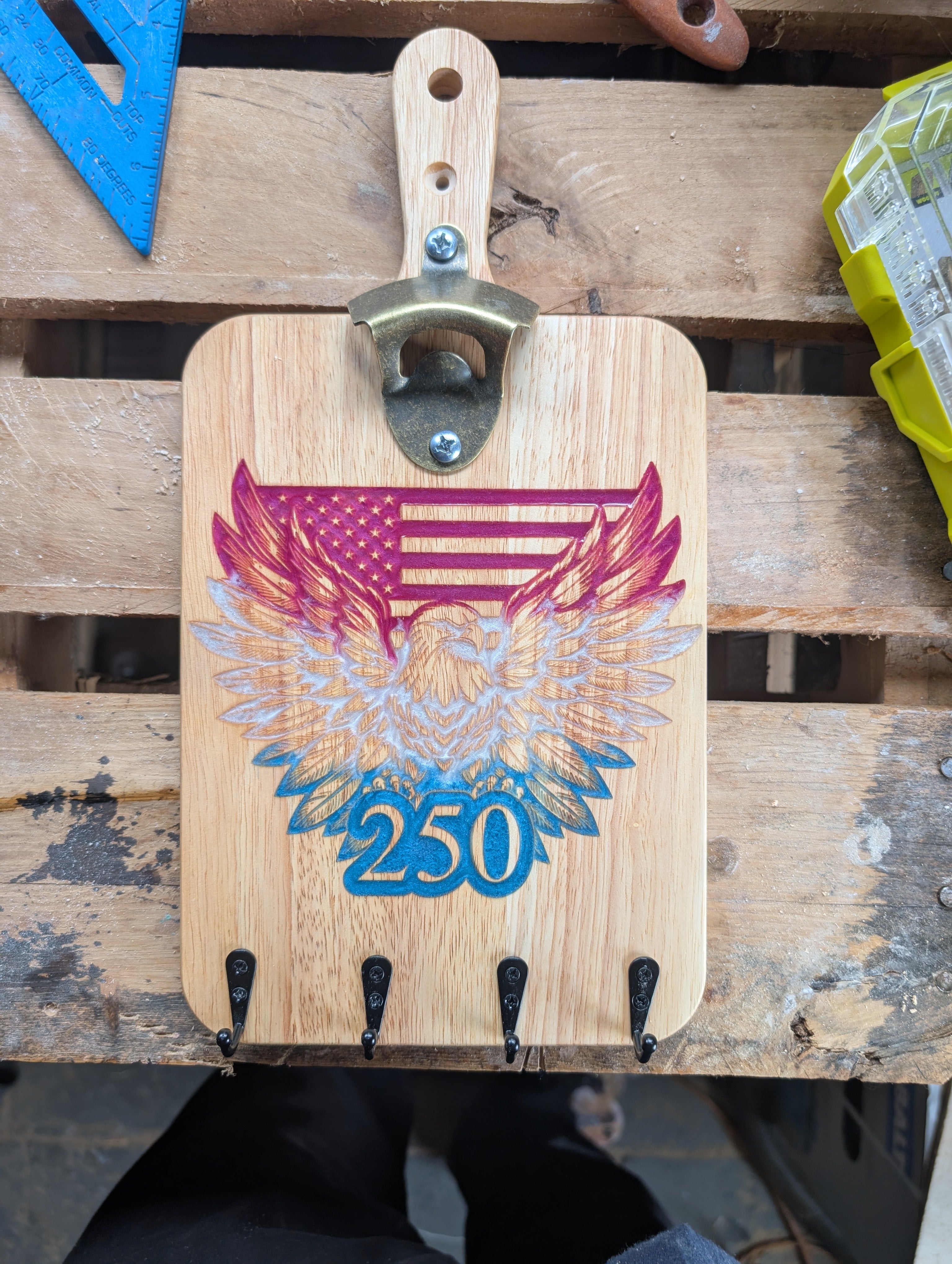 7"x13.75" Eagle and Flag 250 Bottle Cap Wall Mount.